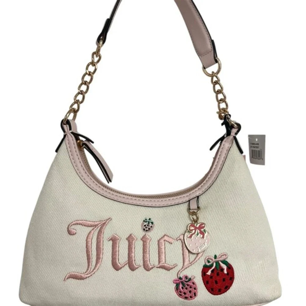 Juicy Couture Hobo Bag Womens Small Cream Pink Strawberry Charm Y2K